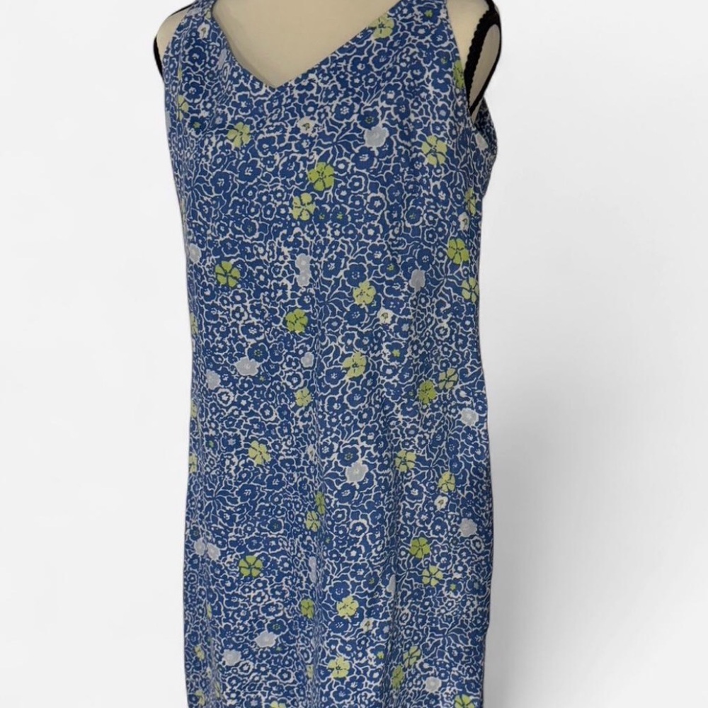 Blue Floral 100% Linen Shift Dress Coastal Resort Vacation Cottagecore - Picture 3 of 7